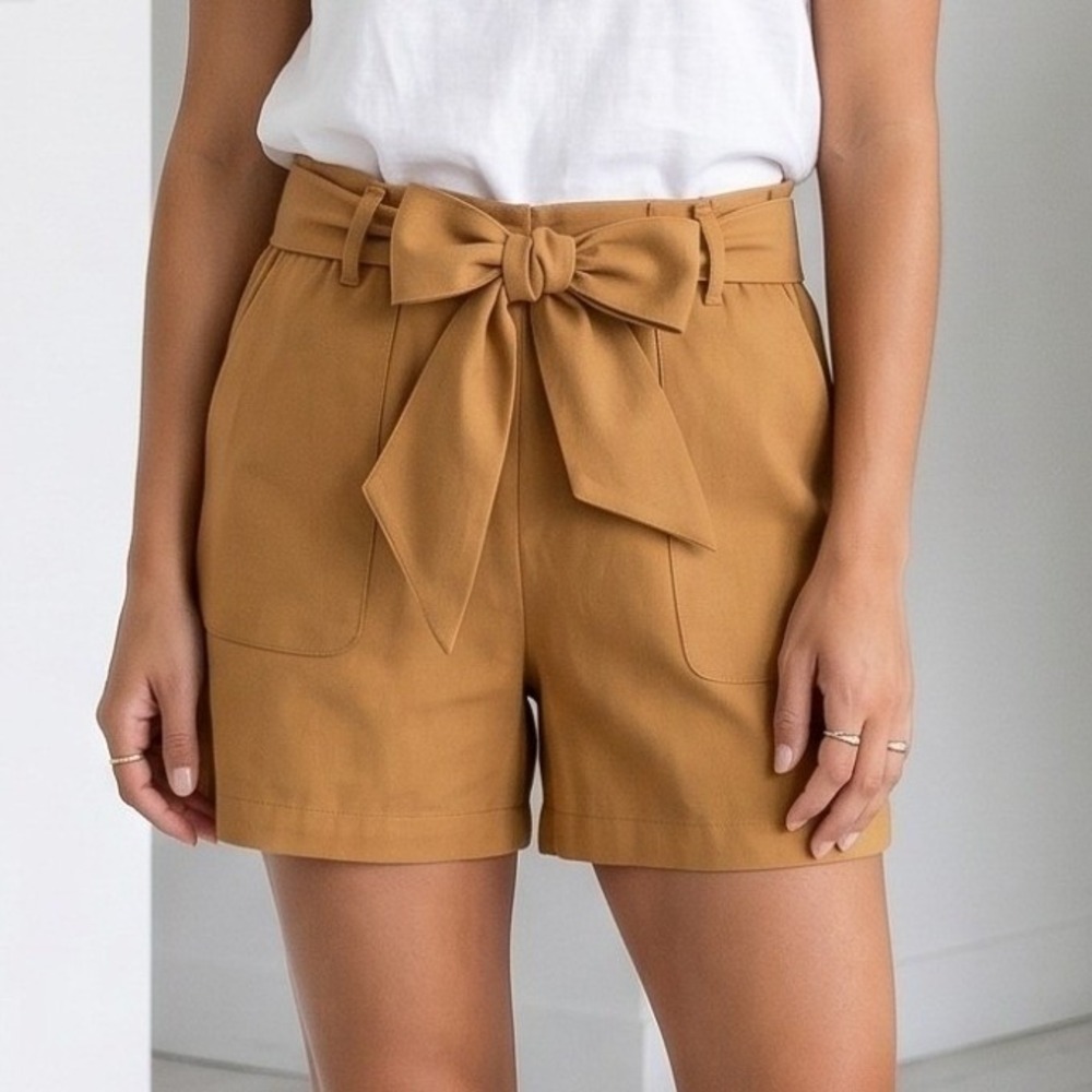A New‎ Day Shorts Womens XS Tan High Waist Bow Tie Linen Look Pockets NWT Summer
